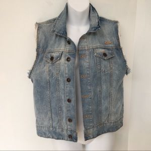 INSIGHT Denim Cut Off Sleeve Vest 4 Button Front Geometric Pattern 100% Cotton